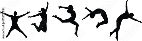 Silhouettes of people jumping and dancing mid-air, expressing joy, freedom, and motion for fitness, celebration, and design themes