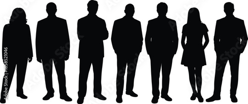 Silhouettes of professionally dressed individuals standing in a row, representing business diversity, teamwork, and corporate identity