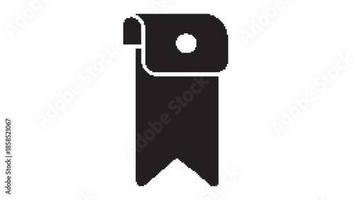 A black tag or label with a white outline and circular detail is centered against a plain white background.