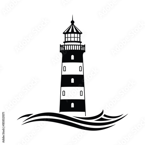 Lighthouse Silhouette with Ocean Waves Minimal Illustration