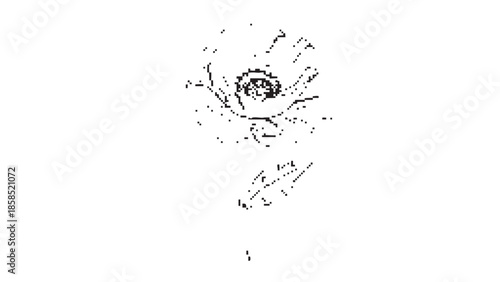 A black and white illustration of an abstract splash with a circular center, surrounded by scattered debris and splatters.
