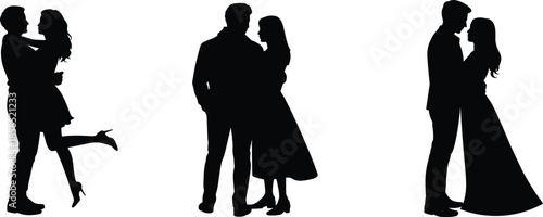 Silhouettes of romantic couples in elegant poses, showing love and intimacy for wedding, relationship, and design themes