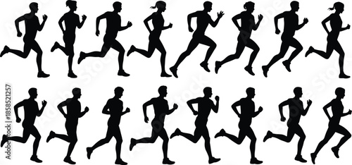   
Silhouettes of running motion cycle showing dynamic human stride phases for sports science, animation, and fitness design use