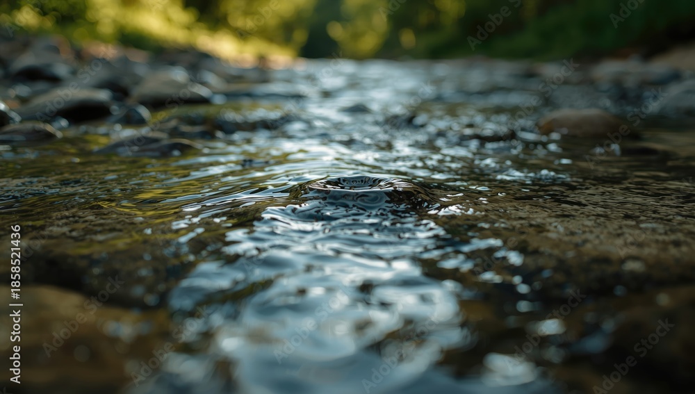 Fototapeta premium Water flowing over rocks in a clear stream, highlighting natural movement and reflections, Earth Day