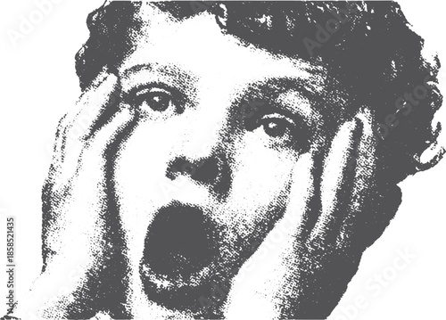 Boy with shocked expression, covering face and mouth. Vintage black and white vector illustration emphasizing graphic details.