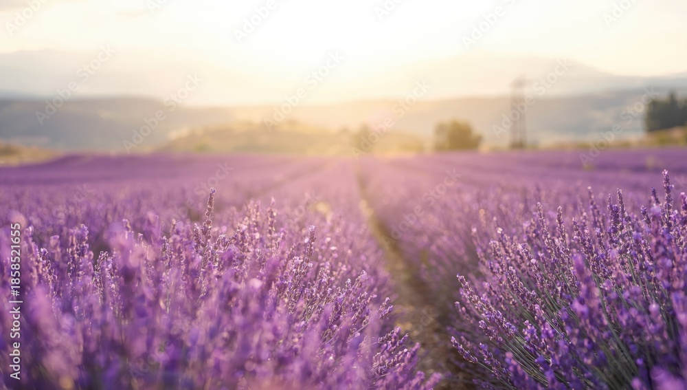 Obraz premium Close-up of lavender flowers with bokeh at sunset, used as a floral background or banner, World Lavender Day