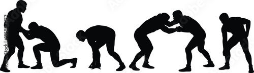 Silhouettes of wrestlers in dynamic grappling poses, illustrating strength, technique, and motion for sports and martial arts design