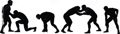 Silhouettes of wrestlers in paired stances, demonstrating grappling techniques and body control for martial arts and sports design