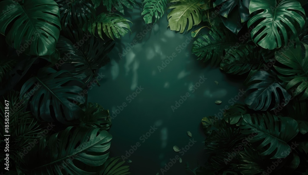Fototapeta premium Dark-toned tropical foliage in morning sunlight, highlighting benefits of good air quality, Earth Day