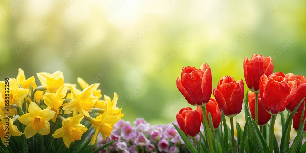 Obraz premium Bright red tulips and yellow daffodils in a flower bed, seasonal bloom display, Earth Day