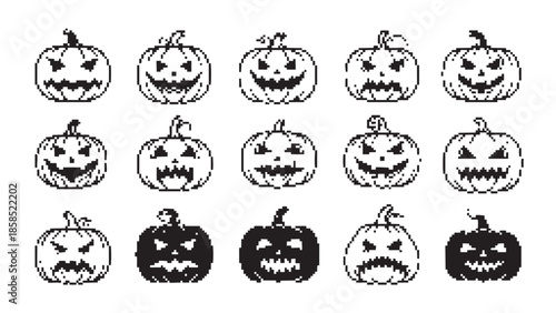 Collection of various Halloween pumpkin illustrations in different facial expressions and shading styles