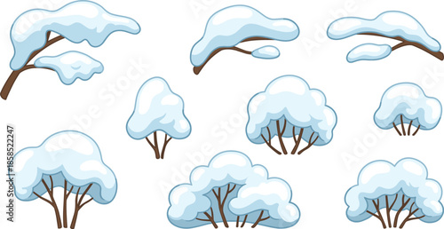 Set of cartoon snow caps and snowy branches. Vector illustration of winter nature elements, snowdrifts on trees, and frozen bushes isolated on white background for Christmas decoration.