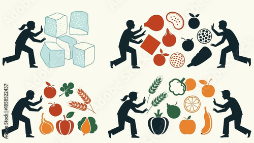 Four-panel illustration showing silhouetted people pushing various food groups including ice, meat, fruits, vegetables, and grains, representing dietary choices.