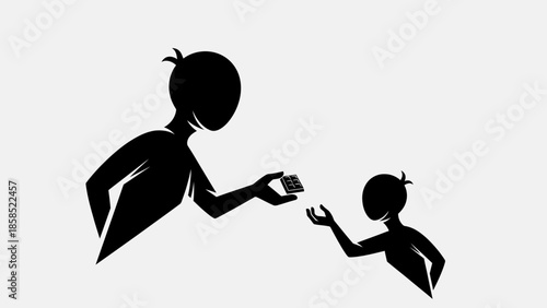 Black silhouette illustration of an adult figure giving a small rectangular object to a child figure reaching out to receive it, symbolizing sharing or transaction.