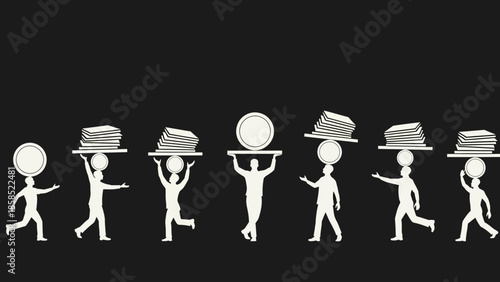 White silhouette figures balancing various objects like stacks of paper and circular items on their heads and hands against a dark background, symbolizing work and effort.