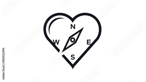 A black outline heart shape containing a compass rose with cardinal directions N, S, E, W, and a needle pointing northeast.