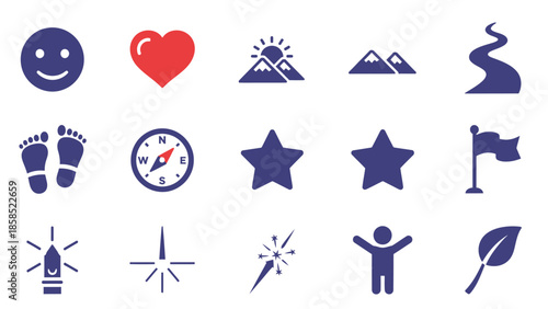 A collection of 15 diverse flat design icons including a smiley face, heart, mountains, river, footprints, compass, stars, flag, lighthouse, sparkles, a person with raised arms, and a leaf.