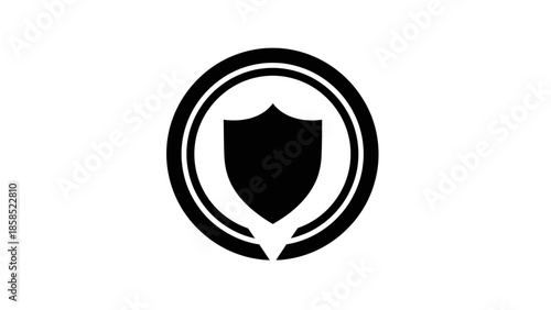 Black shield icon within a double-lined circle, symbolizing protection, security, and defense on a white background.