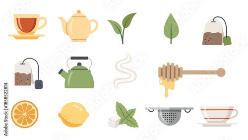 A comprehensive collection of tea-related items, including cups, teapots, fresh leaves, tea bags, kettle, honey, lemon, orange, mint, and a strainer.