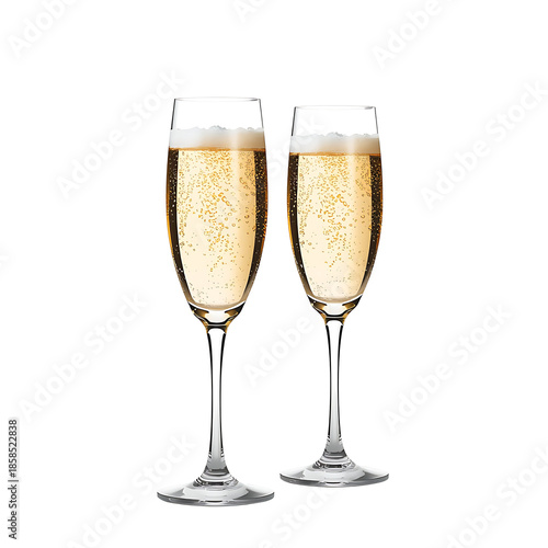Two glasses of sparkling champagne with bubbles, luxury celebration toast, transparent PNG cut-out for party designs.