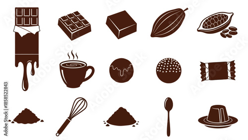 A collection of monochrome chocolate icons including bars, truffles, cocoa pods, hot chocolate, powder, and dessert.