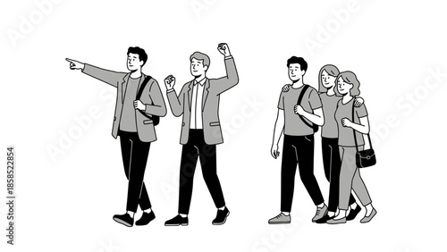 Group of young people walking, with one man pointing direction and another raising his fist, while two couples walk together.