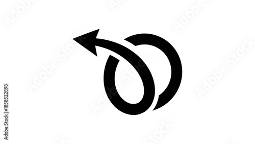 Black arrow forming a continuous loop with a stylized 'O' shape, pointing to the left on a white background, representing a concept of return or cycle.