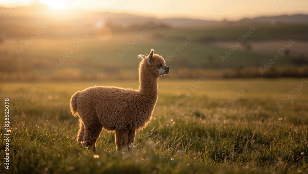 Fototapeta premium Alpaca with thick brown fleece grazing in a meadow at dusk, focusing on fleece texture, rural landscape, Earth Day