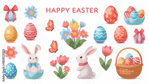 Festive Easter Elements Colorful Eggs, Bunnies, and Floral Designs for Holiday Greetings