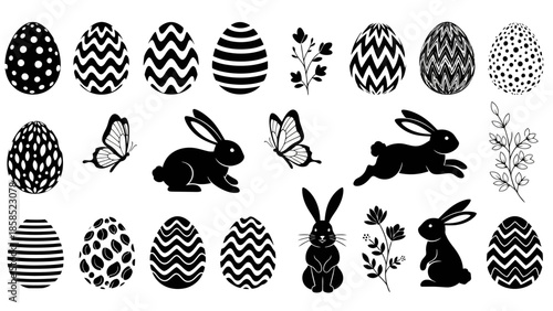 Easter Egg Hunt Black and White Vector Design with Bunnies and Eggs