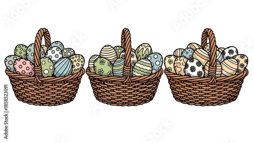 Festive Easter egg baskets overflowing with beautifully decorated eggs, perfect for springtime celebrations and holiday art
