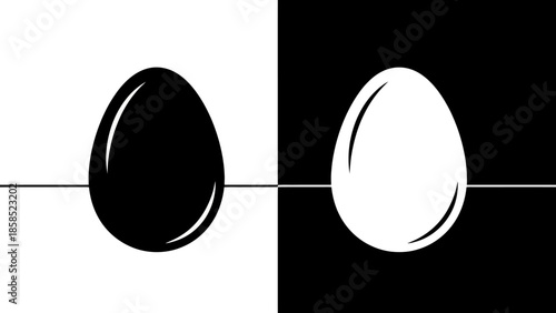 Conceptual black and white illustration of an egg representing duality, contrast, and balance, set against opposing backgrounds