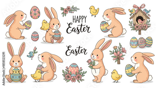Cheerful Easter Bunny Illustration with Eggs, Chicks, and Floral Elements in Vector Format