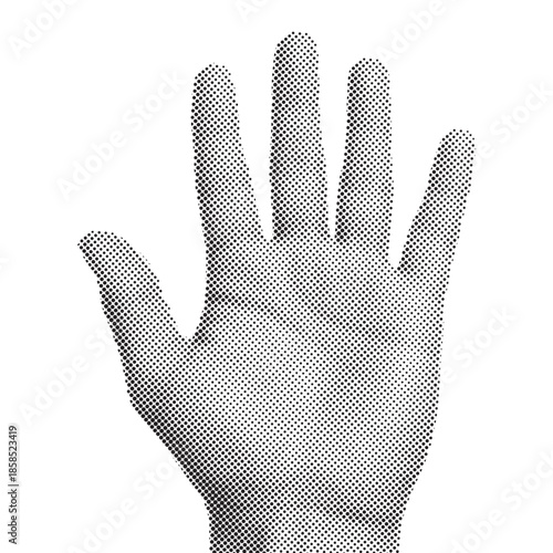 Black and white halftone hand showing palm. Minimalist pop art style human silhouette isolated on white. High contrast graphic of person reaching out.