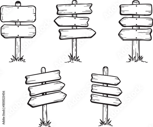 Hand-drawn cartoon style wooden signs on posts with multiple planks and arrow shapes, standing in grass, offering various directions.