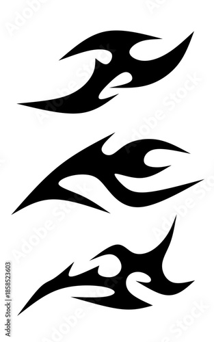3 Icon Set Neo tribal Element y2k gothic style tattoo Cyber sigilism spikes and sparks for streetwear print designs, spiky y2k aesthetic vector set