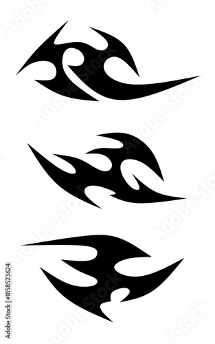 3 Icon Set Neo tribal Element y2k gothic style tattoo Cyber sigilism spikes and sparks for streetwear print designs, spiky y2k aesthetic vector set