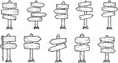 Collection of ten hand-drawn cartoon wooden signposts with multiple planks pointing in various directions, isolated on white background.