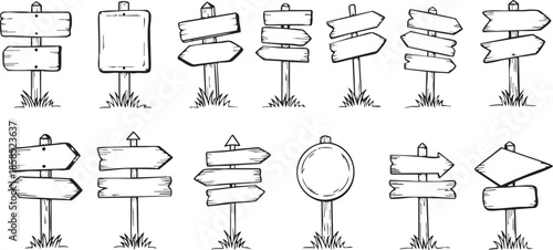 A collection of hand-drawn doodle style wooden signposts and direction arrows on posts with grass at the base, isolated on white.