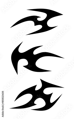 3 Icon Set Neo tribal Element y2k gothic style tattoo Cyber sigilism spikes and sparks for streetwear print designs, spiky y2k aesthetic vector set