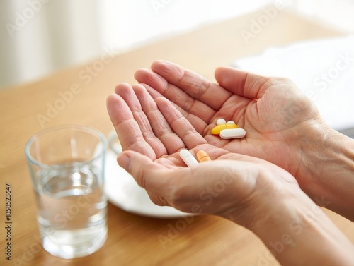 Close-up of Hand Holding Pills with Glass of Water
