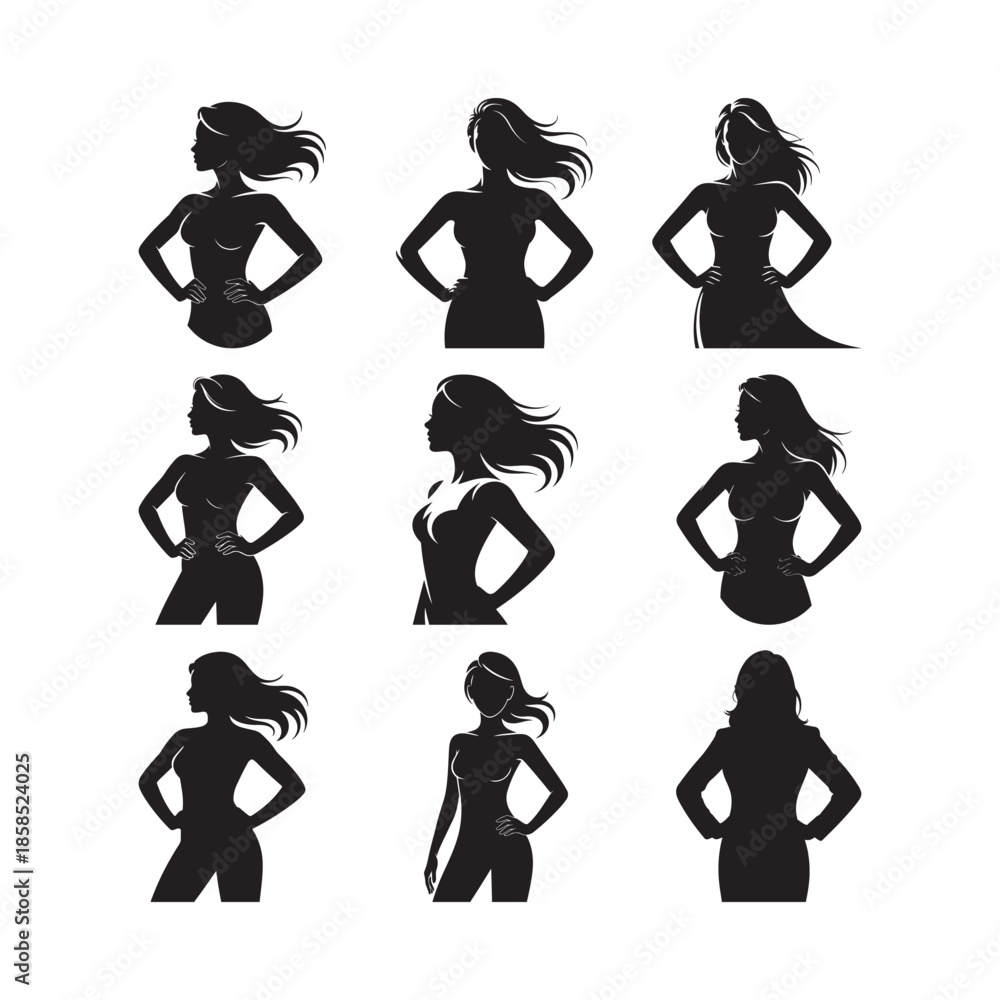 Obraz premium Black Color Women Empowerment Concept Bold Female Silhouette Vector Illustration, Solid White Background.
