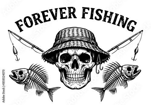 FOREVER FISHING. Fisherman skull with a straw hat, fishing rods and fishbones