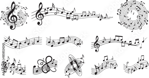 A collection of black musical notes, clefs, and staffs arranged in various decorative and flowing patterns on a white background.