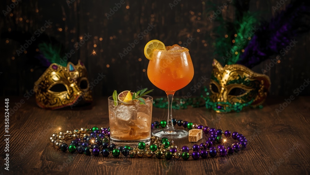 Fototapeta premium Cocktail glasses and ornate masks set against a dark textured surface for seasonal festivities
