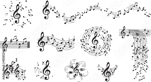 Collection of black musical notes and treble clefs in various decorative arrangements and patterns.