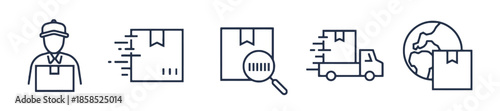 Delivery Service Icons Set Courier Holding Box Package Speed Shipping Box with Barcode Global Shipping Express Transport Logistic Distribution Vector Illustration