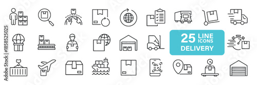 Delivery Line Icon Set Collection of Logistic and Transportation Related Vector Symbols such as Courier, Box, Warehouse, Truck, Airplane with Package on Isolated Background