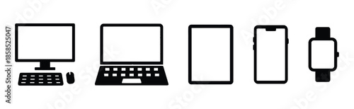Devices vector icons set including desktop computer laptop tablet smartphone and smartwatch for responsive design presentations and technology visuals