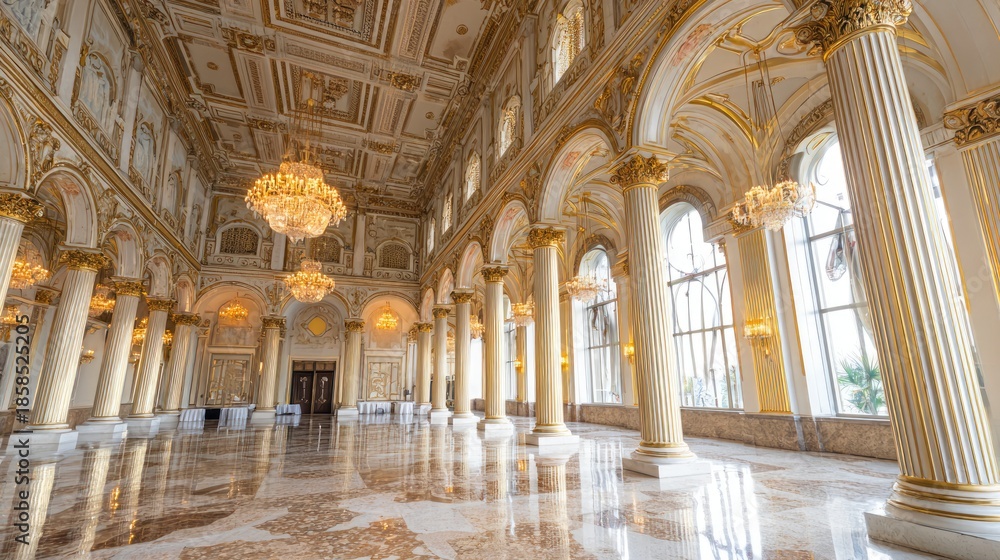 Obraz premium Luxurious Classical Palace Hall with Golden Chandeliers and Marble Floor